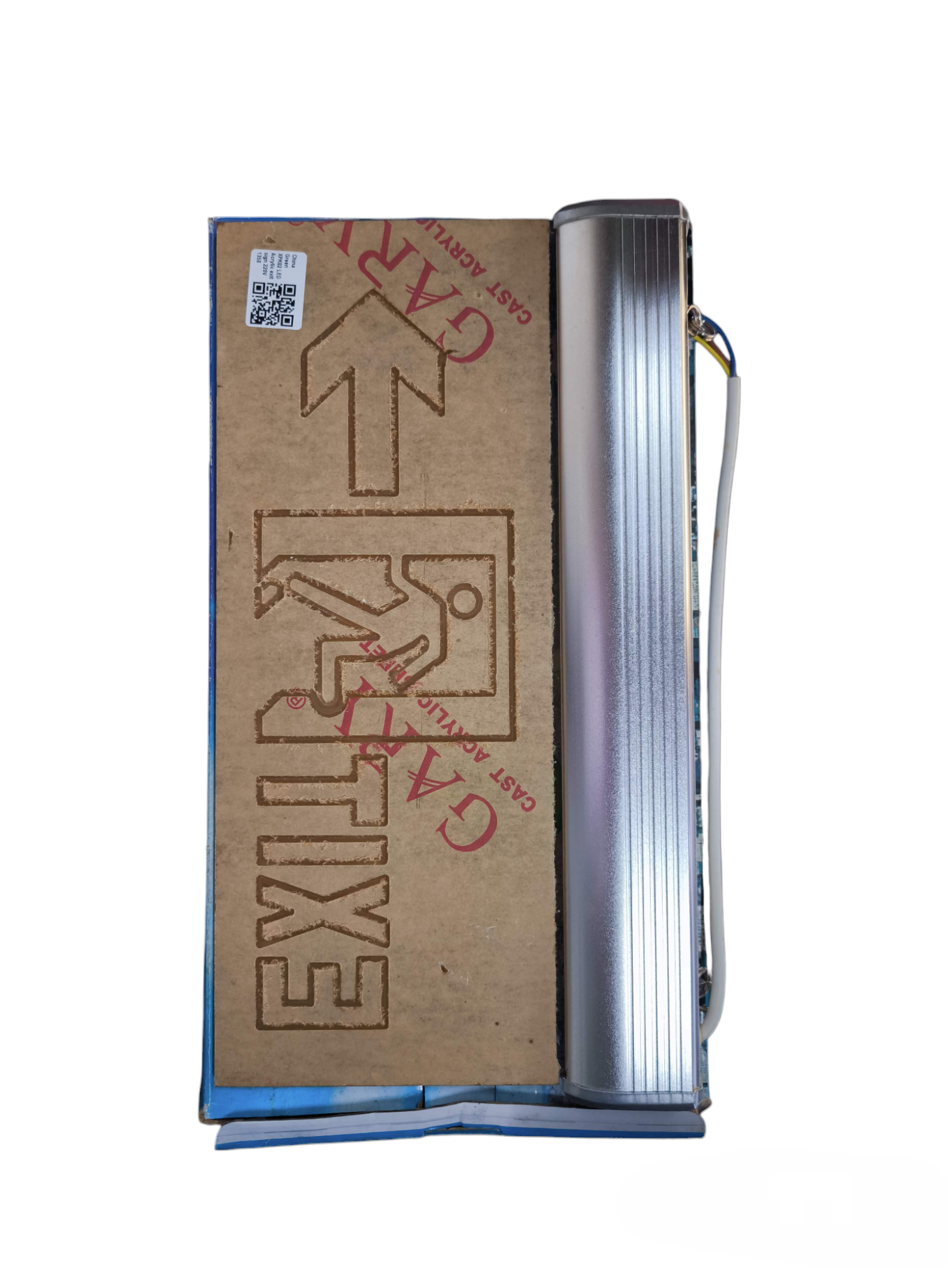 Denko EXIT Sign Acrylic Green 220V replacement kit showing aluminum driver housing and packaged acrylic panel