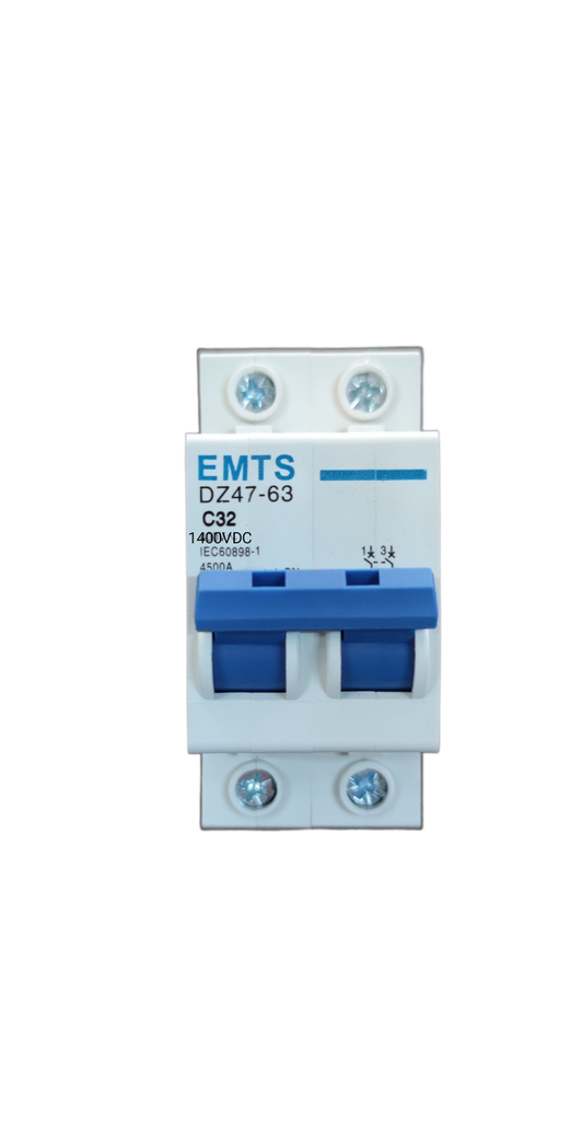 ZwitseRise 32A DC Miniature Circuit Breaker with blue switches and white casing for electrical circuitry