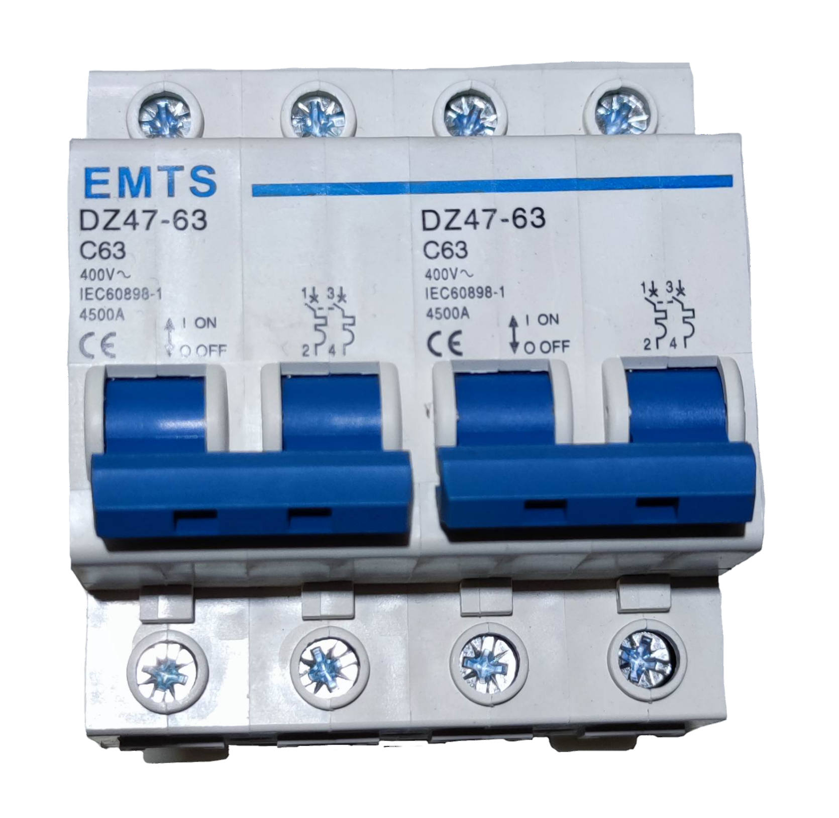 63A 2 pole circuit breaker DZ47-63 C63 400V miniature DIN rail MCB with blue toggle switches