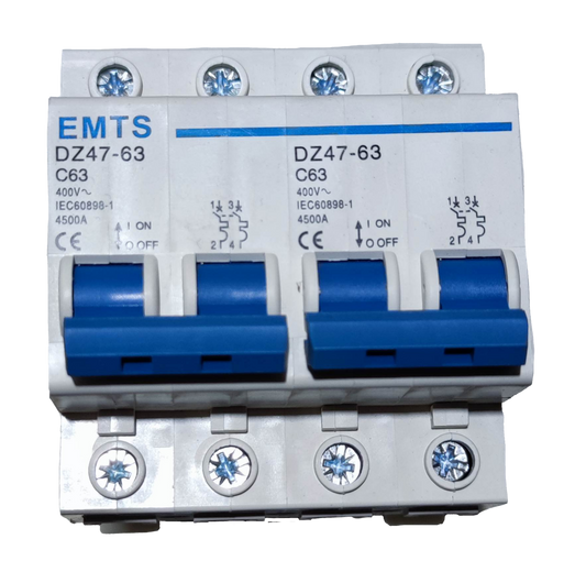 63A 2 pole circuit breaker DZ47-63 C63 400V miniature DIN rail MCB with blue toggle switches