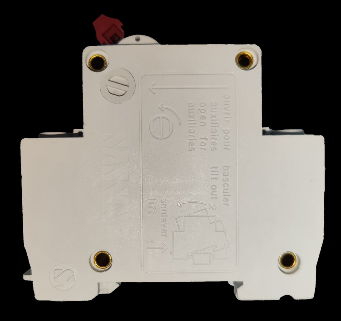 Chint 63A 2 pole circuit breaker white housing rear view with brass mounting inserts and red trip lever