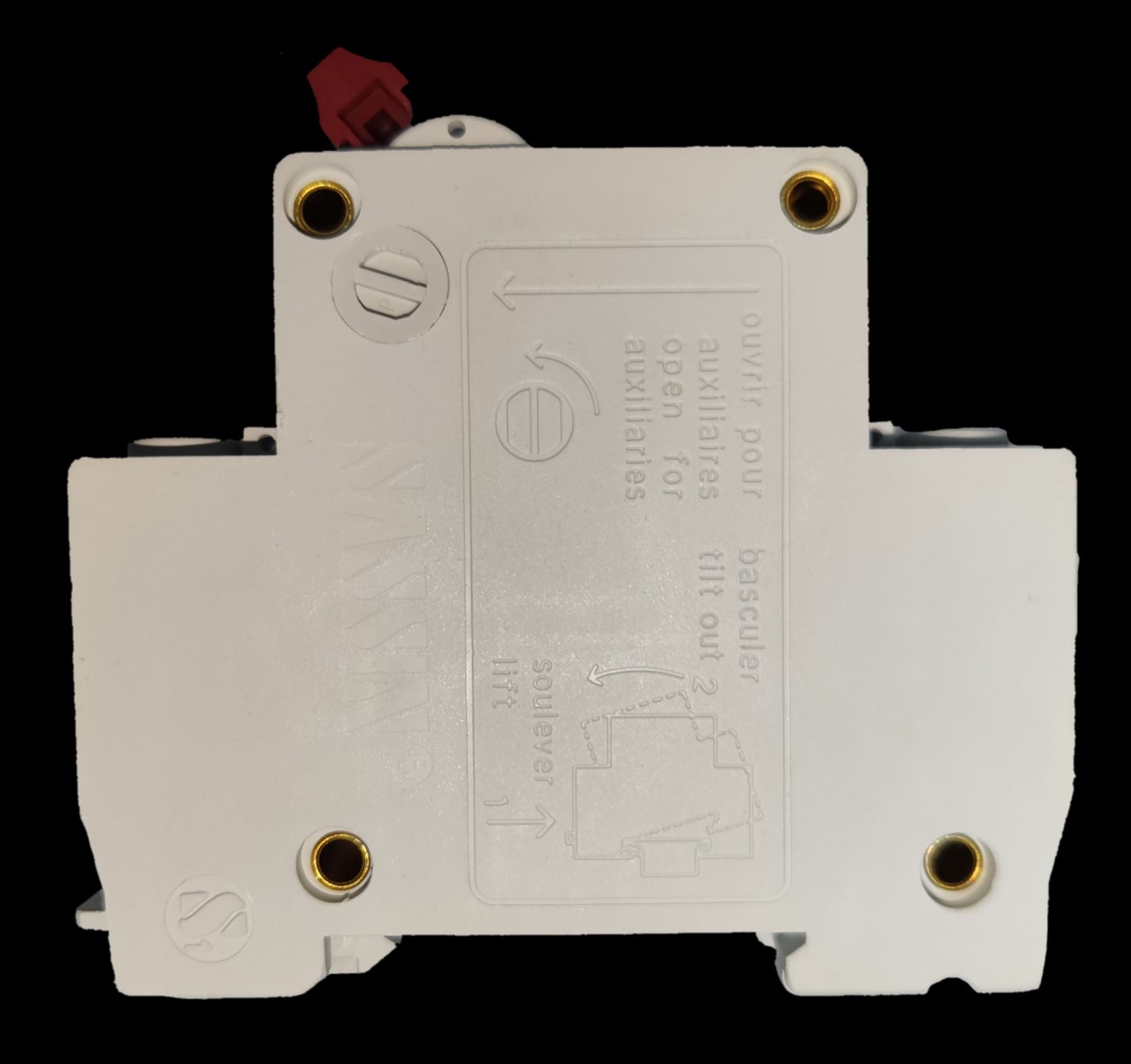Chint 63A 2 pole circuit breaker white housing rear view with brass mounting inserts and red trip lever