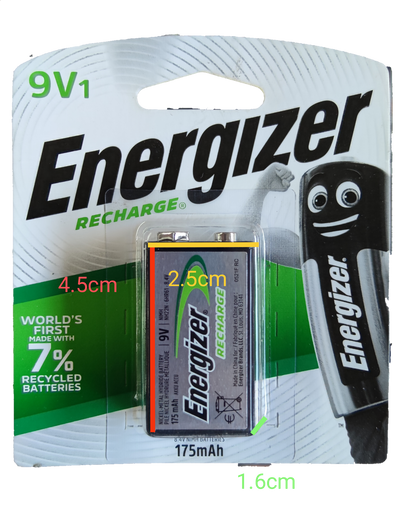 Energizer 9V rechargeable battery on packaging highlighting eco-friendly features and specifications