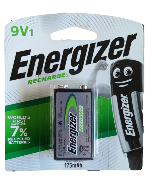 Energizer 9V rechargeable battery in packaging featuring recycled materials for eco-conscious users