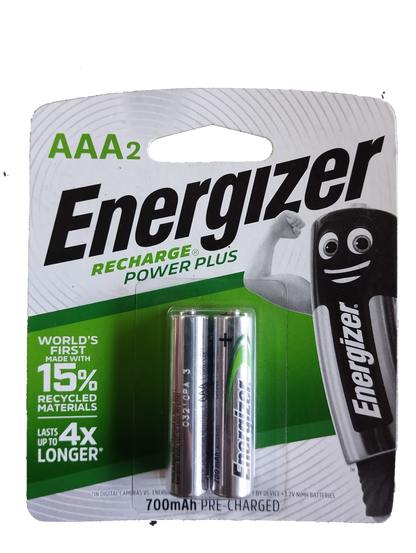 Energizer rechargeable AAA battery pack of 2 with 700mAh capacity, pre-charged and eco-friendly