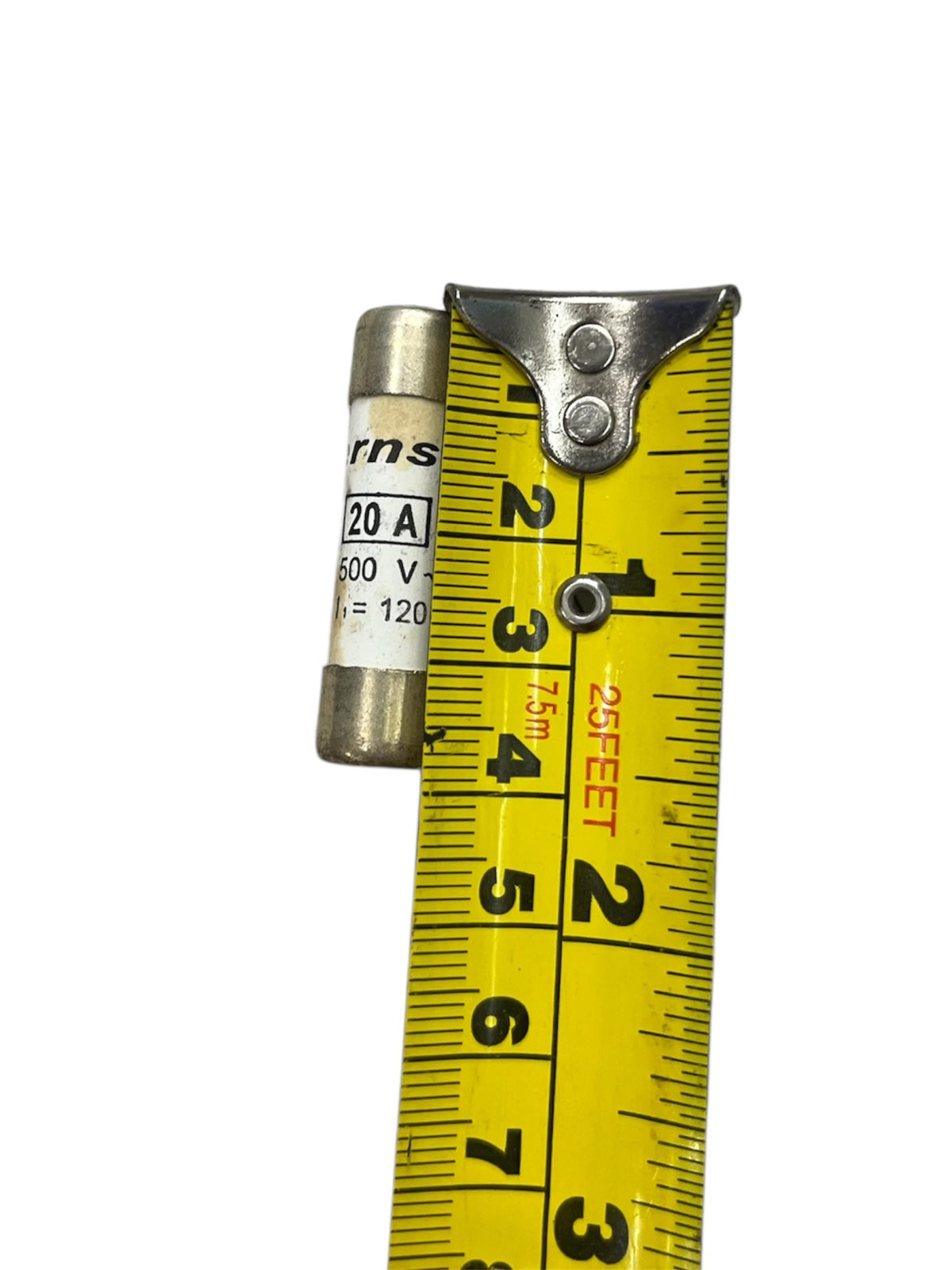 Ceramic Fuse 20A 10x38mm next to a yellow measuring tape showing its size