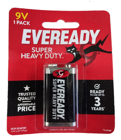 Eveready Super Heavy Duty 9V battery pack labeled as long-lasting 9V battery online for reliable power