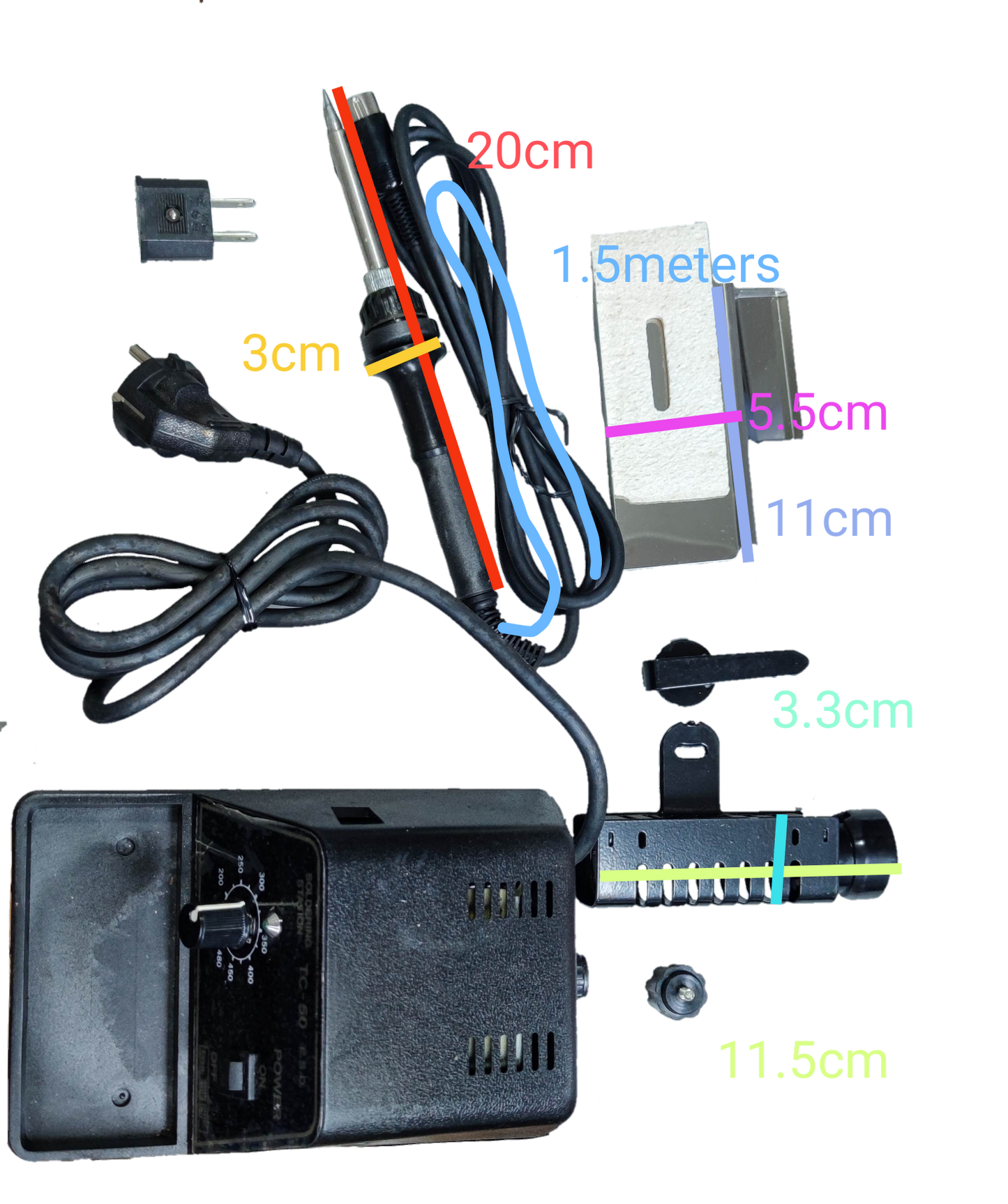 Exso Soldering Station 60W 220V with soldering iron, power cord, and accessories on a black background