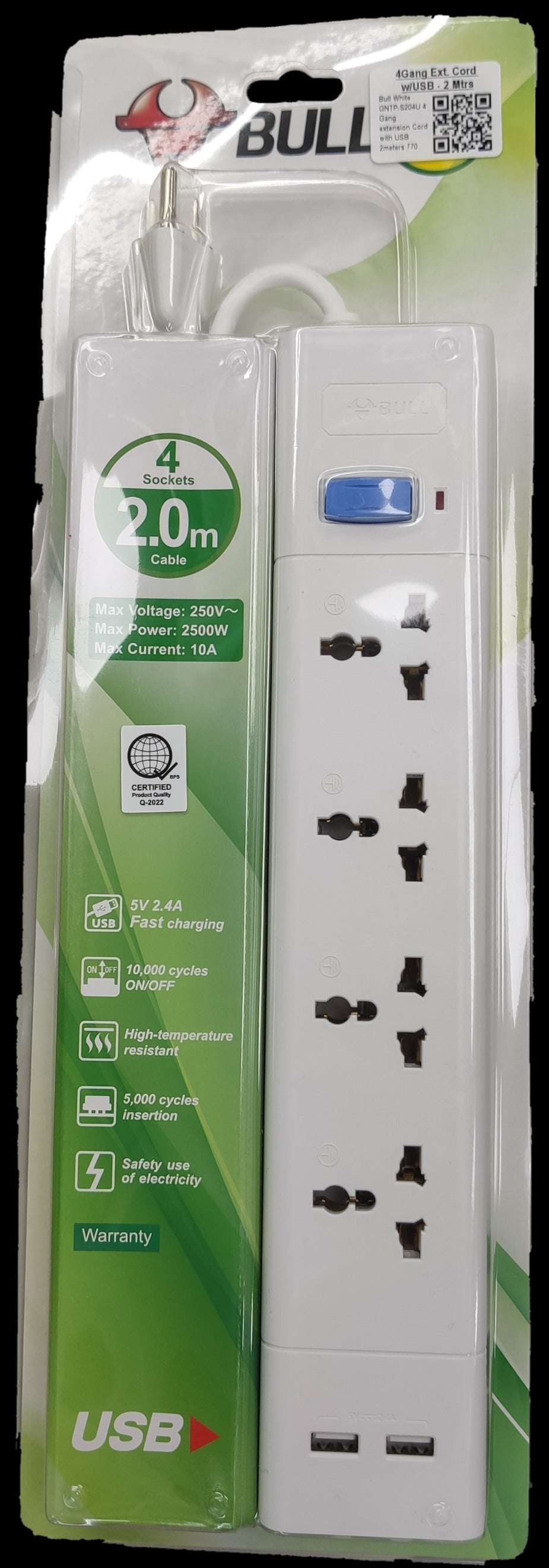Bull Extension 4 Gang Universal Outlet 2500W power strip with 2 meter cable and USB ports