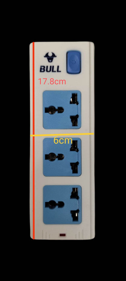 Bull Extension Cord Outlet Universal Type 3 Gang power strip with three universal sockets and blue switch