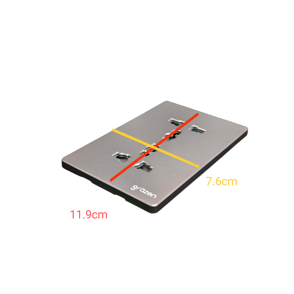 A gray metal electrical outlet cover plate shown at an angle on a white background, with red and yellow measurement lines and dimensions indicating 11.9cm and 7.