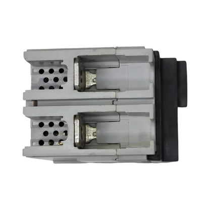 A dual-port hydraulic or pneumatic solenoid valve assembly with a black handle and gray plastic housing, shown against a plain white background.