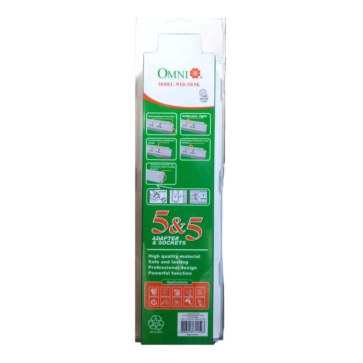 Omni 5 Gang Extension Cord  Universal 6 Feet with Individual Switch, Power Strip 5 Socket  10A 220V WED-350-PK