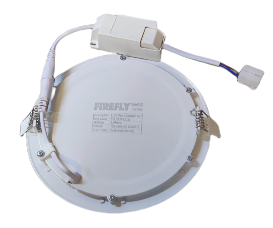 Back view of Firefly 12W LED downlight cool white 220V showing mounting and wiring details