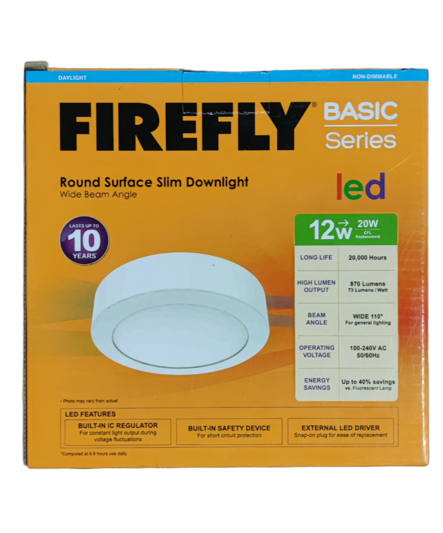 Firefly 12W LED downlight daylight in a round surface slim design with wide beam angle features