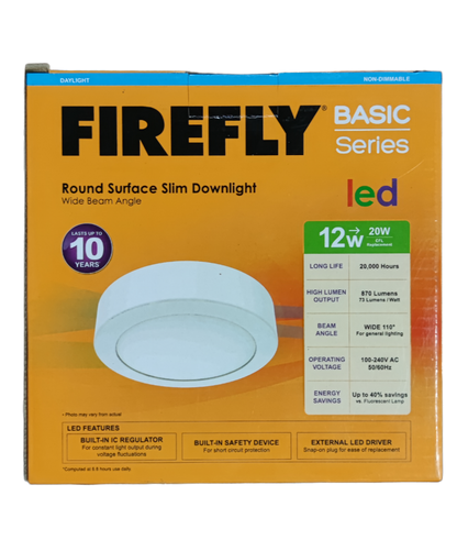 Firefly 12W LED downlight daylight in a round surface slim design with wide beam angle features