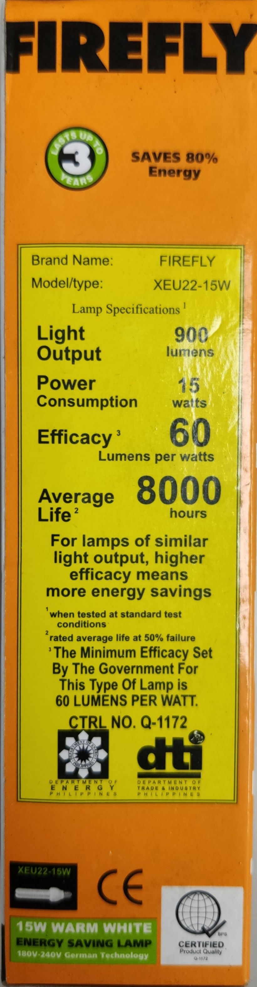 Firefly 15W CFL E27 220V 2U Compact Fluorescent Bulb Box with Energy Savings Information