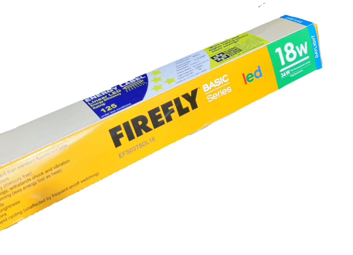 Firefly Basic Series 18W LED fluorescent lamp 220V packaging showing energy efficiency ratings