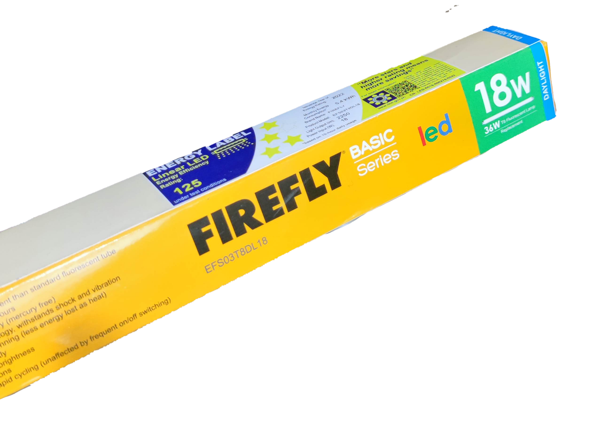Firefly Basic Series 18W LED fluorescent lamp 220V packaging showing energy efficiency ratings