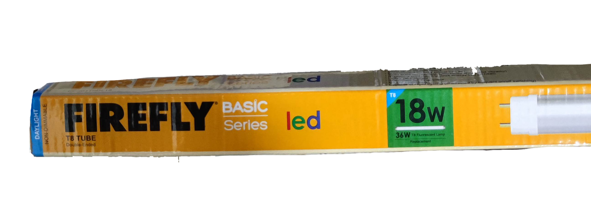 Firefly 18W LED fluorescent tube in yellow packaging from the Basic Series