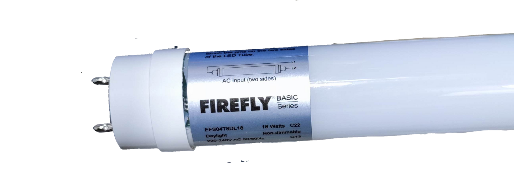 Firefly 18W LED fluorescent tube from the Basic Series with white casing and metal pins