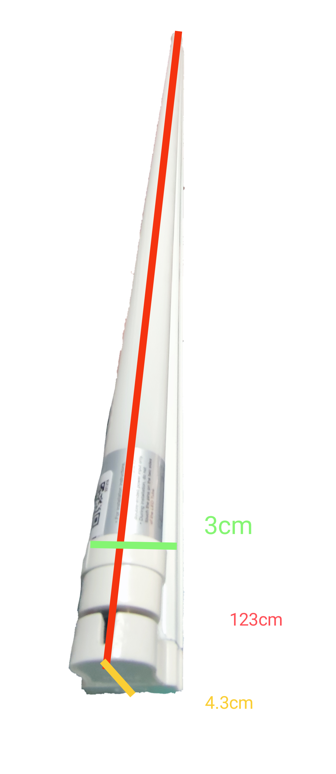 Firefly 18W T8 LED tube with fixture showing side profile and dimensions for easy installation