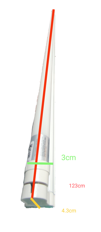 Firefly 18W T8 LED tube with fixture showing side profile and dimensions for easy installation