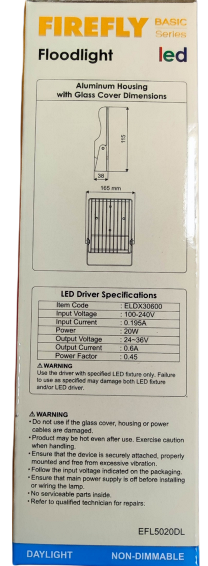 Firefly 220V LED outdoor flood light featuring durable aluminum housing and glass cover