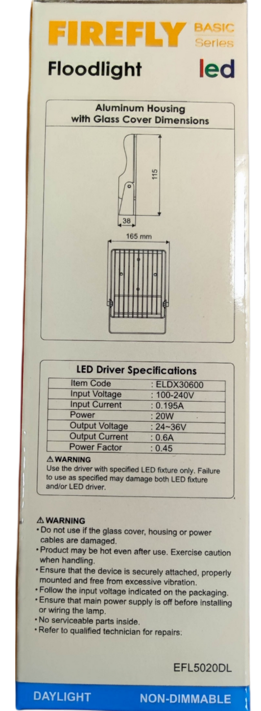 Firefly 220V LED outdoor flood light featuring durable aluminum housing and glass cover