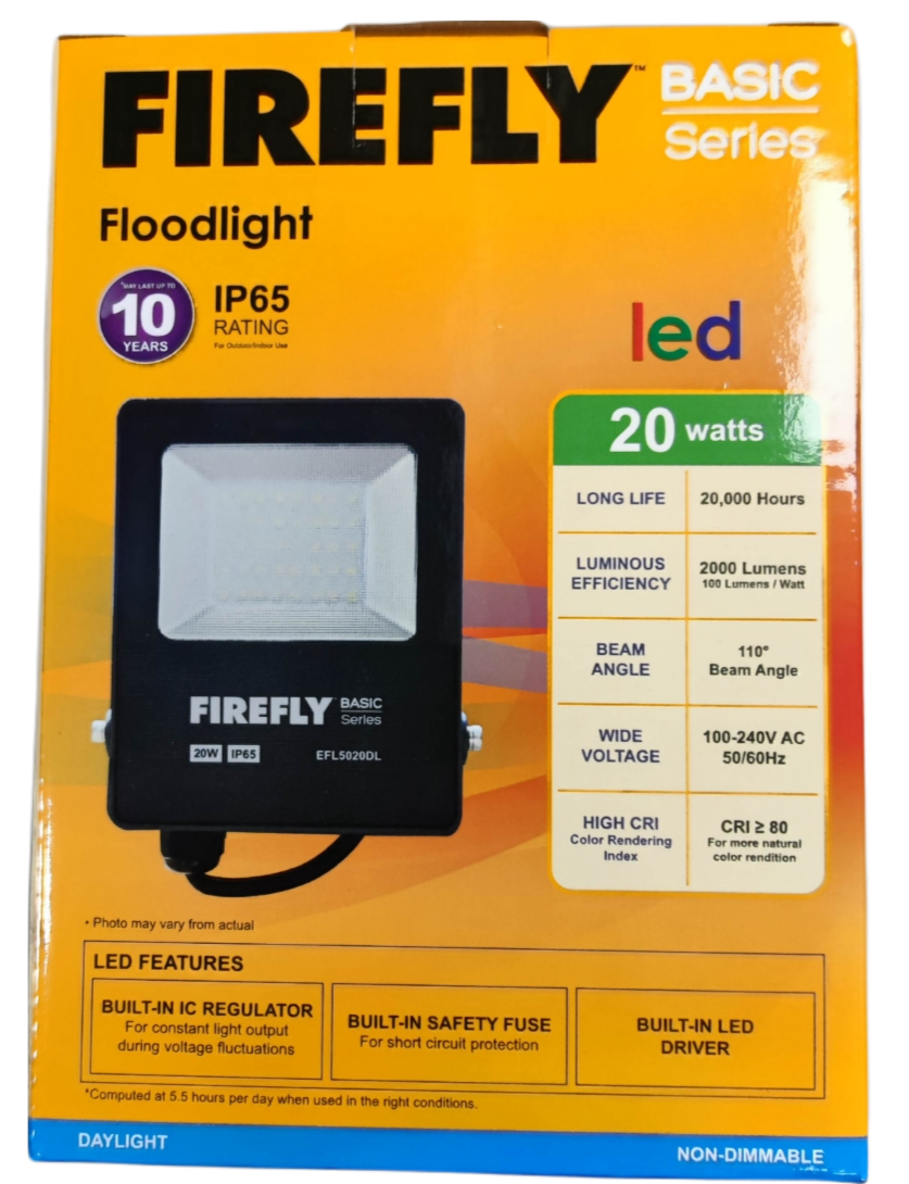Firefly 220V LED outdoor flood light with 20 watts, IP65 rating, and energy-efficient design
