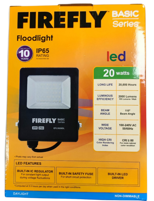 Firefly 220V LED outdoor flood light with 20 watts, IP65 rating, and energy-efficient design