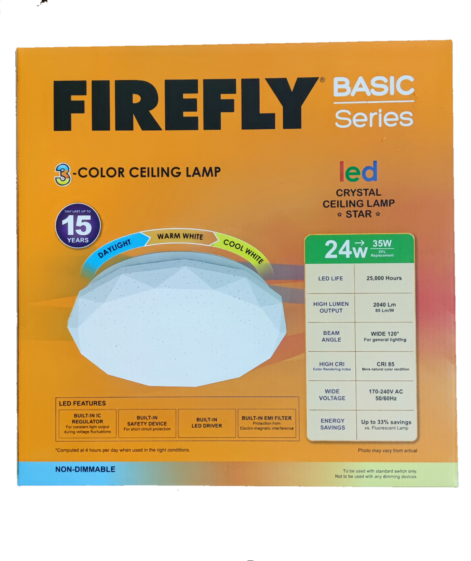 Firefly 24W LED ceiling light 220V with 3-color settings and energy-efficient design in orange packaging