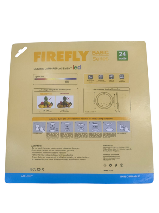 Firefly 24W LED ceiling light bulb packaging with installation instructions and product details