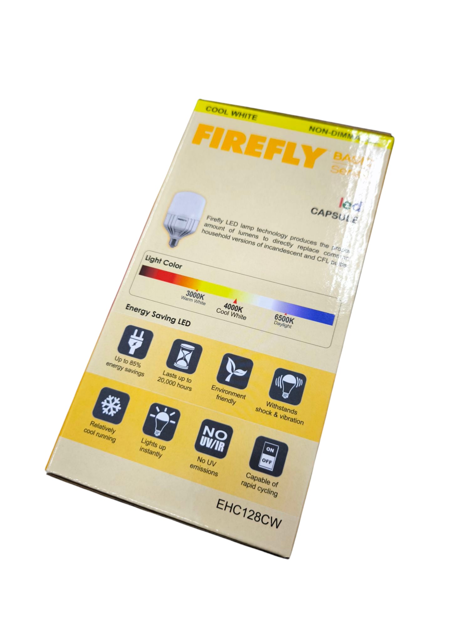 Firefly 28W LED capsule bulb E27 packaging showing energy saving and light color features