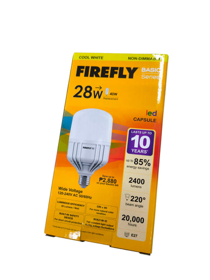 Firefly 28W LED capsule bulb E27 packaging showing energy savings and lifespan features