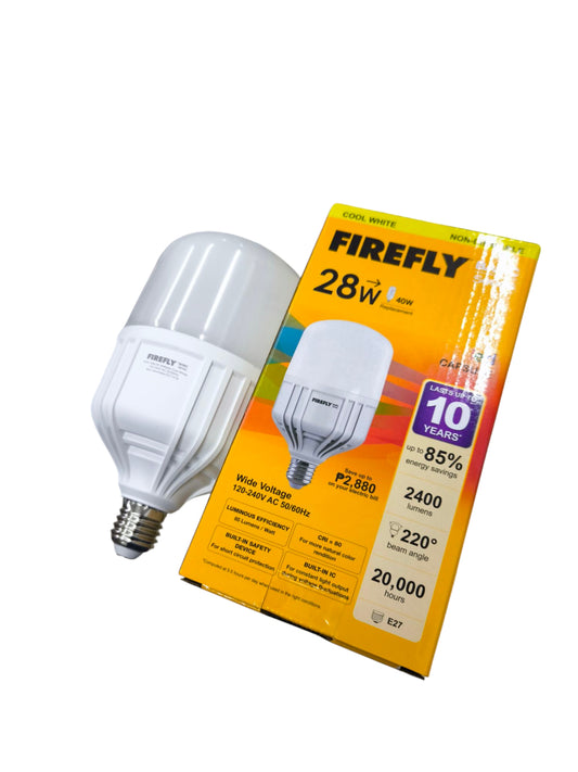 Firefly 28W LED capsule bulb E27 with white light and energy-saving features next to its bright yellow packaging
