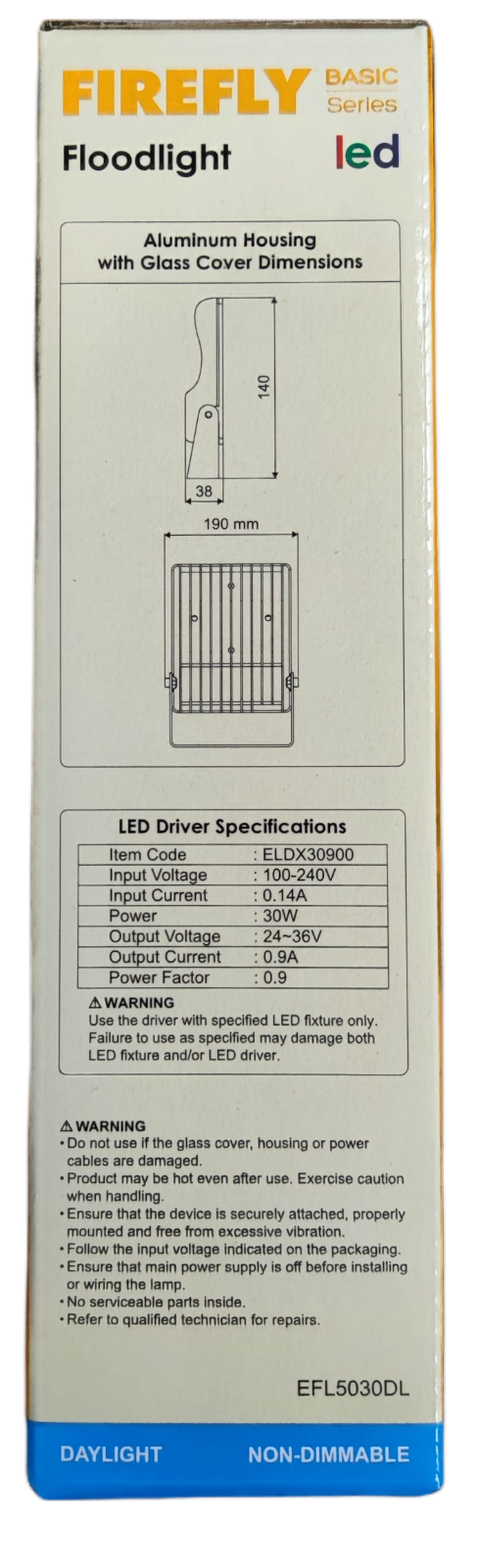 Firefly 30W LED Floodlight 220V Daylight with aluminum housing and glass cover dimensions