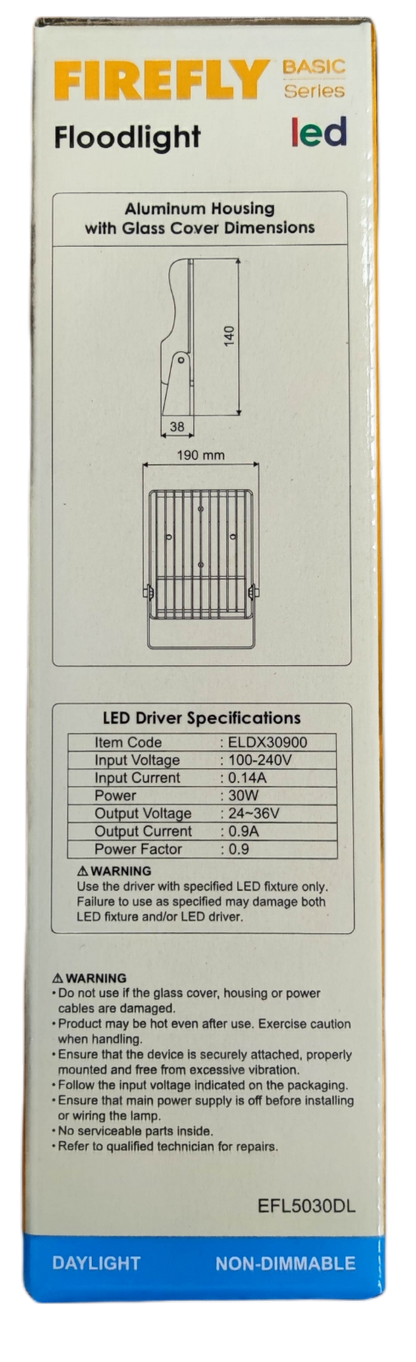 Firefly 30W LED Floodlight 220V Daylight with aluminum housing and glass cover dimensions