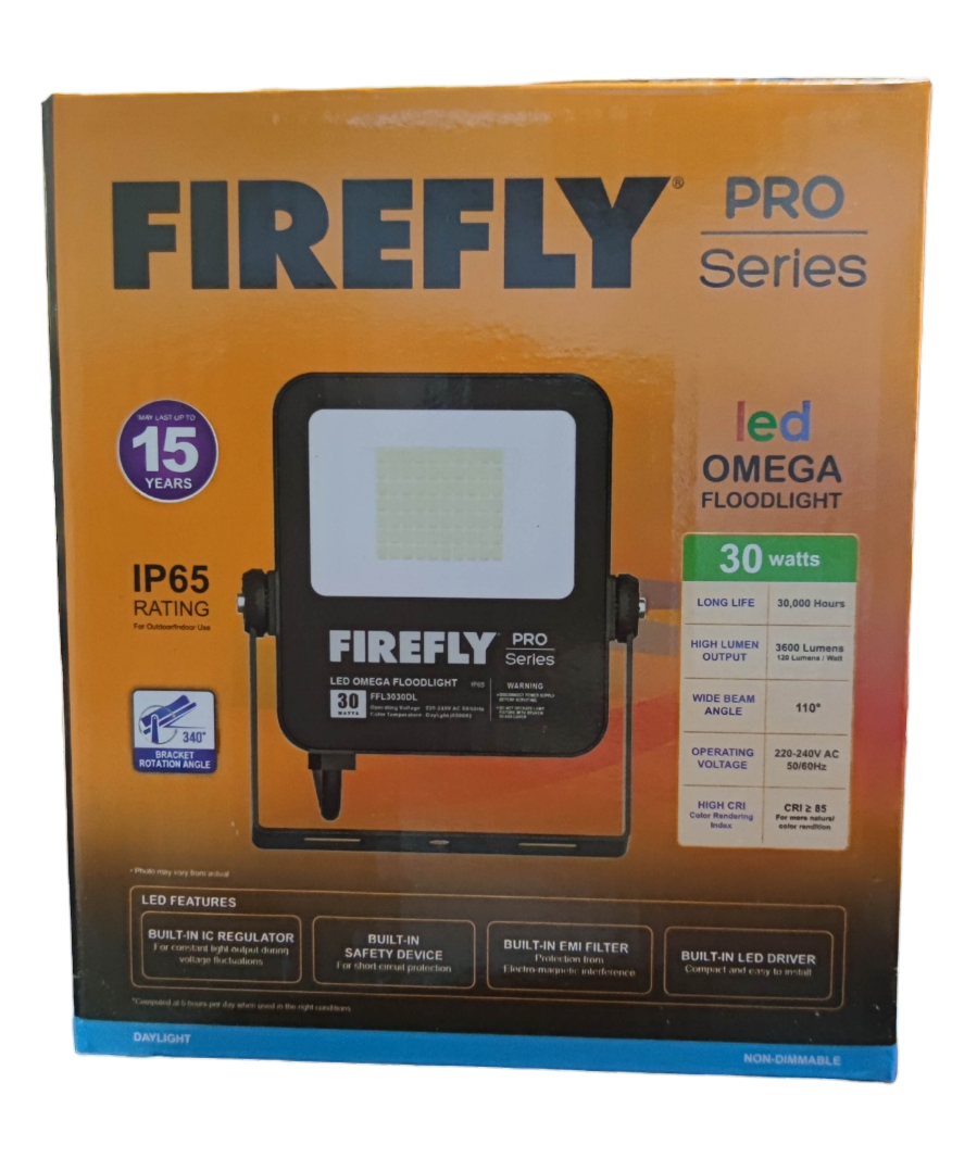 Firefly 30W LED floodlight in packaging showcasing features and specs for outdoor lighting