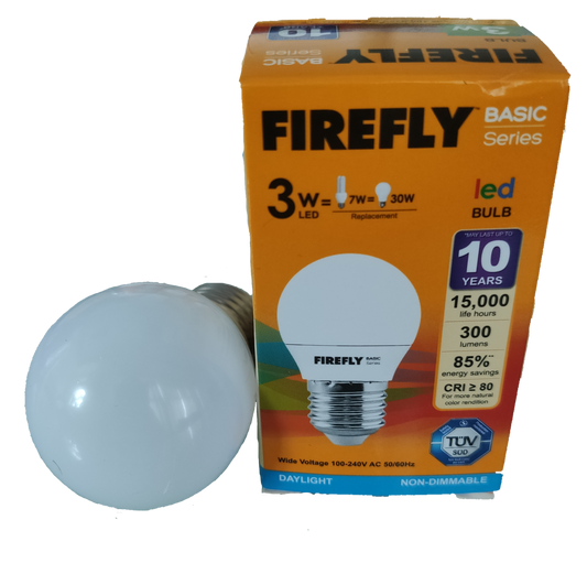 Firefly 3W LED bulb E27 with basic series packaging showing energy savings and 10 years lifespan