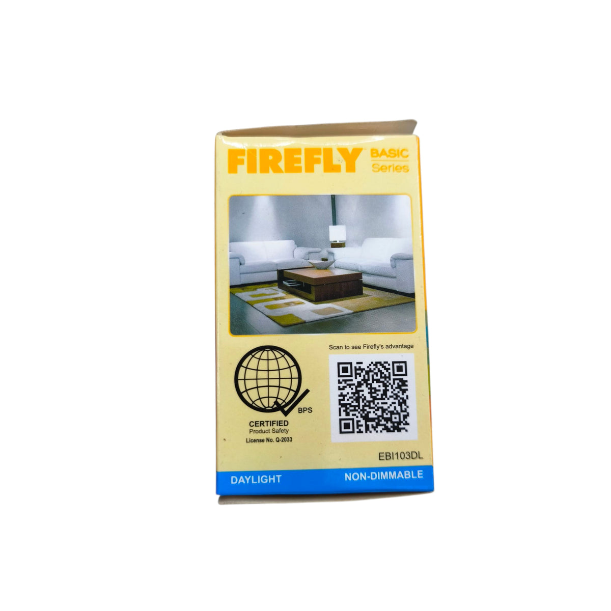 Firefly 3W LED bulb E27 packaging featuring a living room setting and certification details