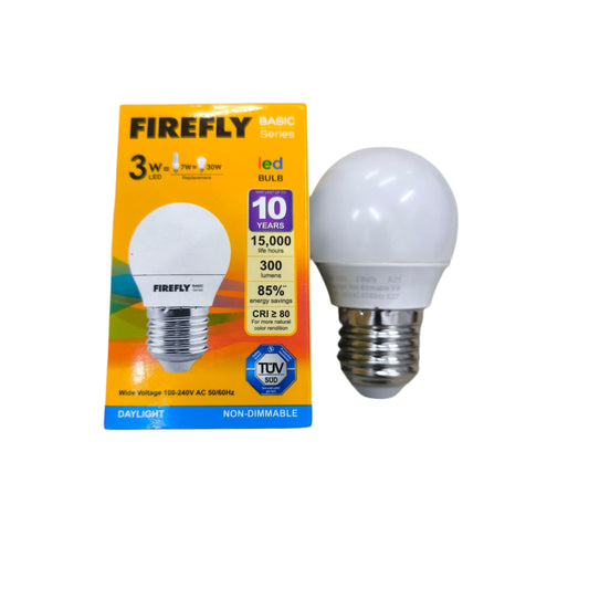 Firefly 3W LED bulb E27 in packaging, features energy-saving and long lifespan design