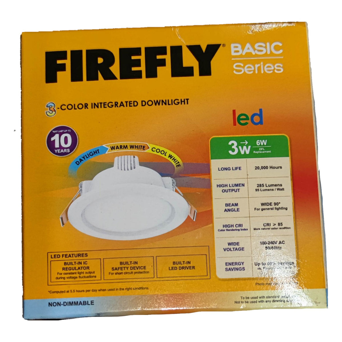 Firefly Basic Series 3-color integrated downlight LED packaging on a white background
