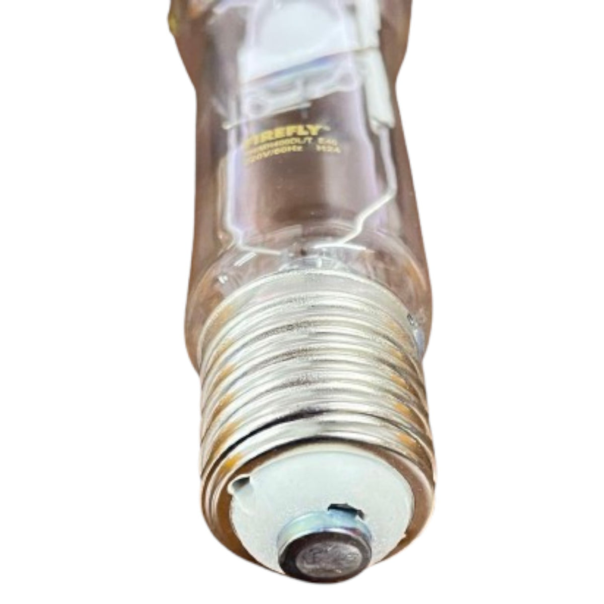 Light bulb with visible brand name on a white background