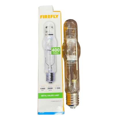 Firefly 400W Metal Halide Lamp Tubular high intensity discharge bulb shown with box and clear tubular lamp