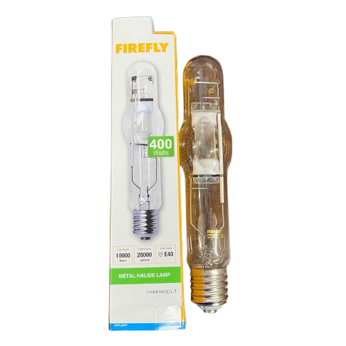 Firefly 400W Metal Halide Lamp Tubular high intensity discharge bulb shown with box and clear tubular lamp