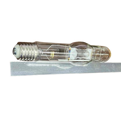 Firefly 400W Metal Halide Lamp Tubular clear HID bulb with screw base and internal arc tube beside ruler