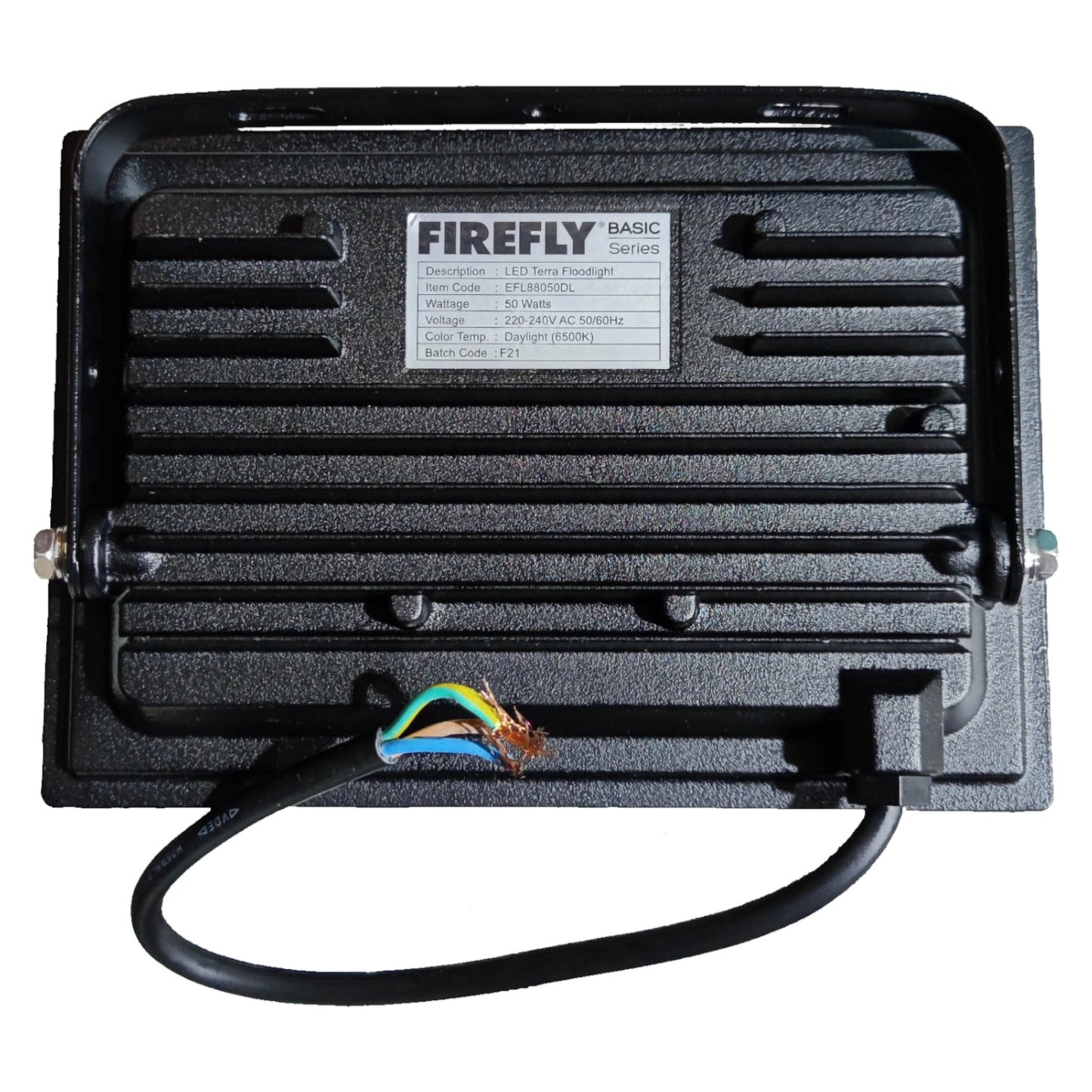 Black electronic device labeled 'Firefly Basic' with a cable on a white background