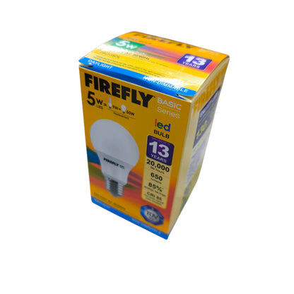 Firefly 5W LED bulb E27 daylight in packaging, energy-efficient with a lifespan of 20,000 hours.