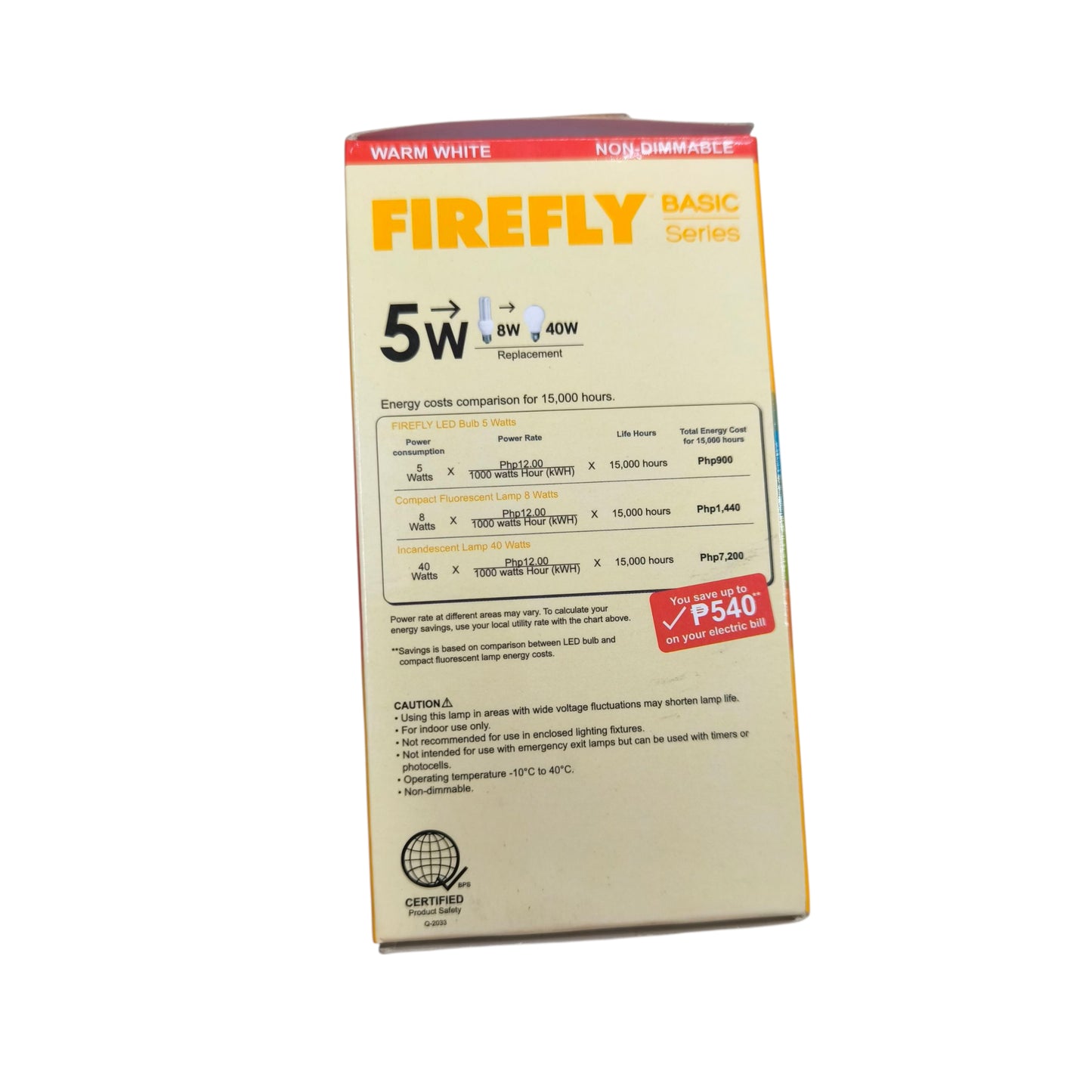 Firefly 5W LED lamp E27 warm white packaging showing energy ratings and usage information